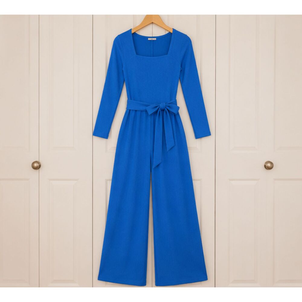 LOOP BOHO Women's Wide Leg Jumpsuit Blue Long Sleeve Belted Romper With Pockets - Picture 2 of 2